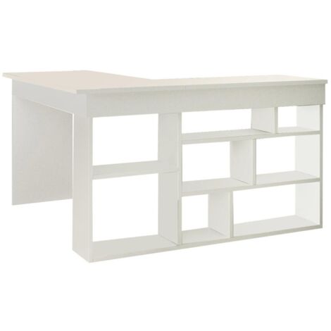 Cotecosy – Bureau d'angle blanc avec 8 étagères – Finition mélaminée résistante – Dimensions 129x120x72 cm – Idéal pour optimiser l'espace de travail