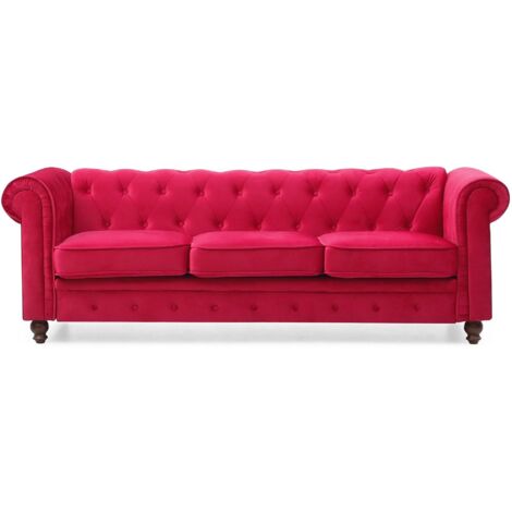 Cotecosy – Canapé Chesterfield 3 places en velours rouge – Capitonnage élégant – Dimensions L203 x P84 x H67 cm – Confort optimal
