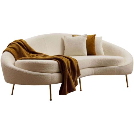 Cotecosy – Canapé d'angle 3 places en tissu bouclette crème – Structure en bois de hêtre – Pieds en métal doré – Dimensions 255 x 120 x 85 cm