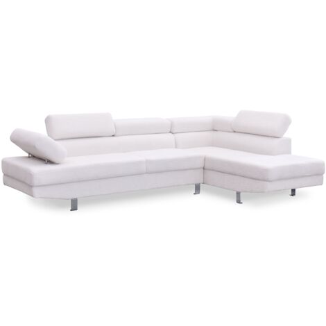 Cotecosy – Canapé d'angle à droite 3 places – Têtières relevables – Tissu bouclette crème – Structure en bois et métal – Dimensions L260 x P170 x H74 cm