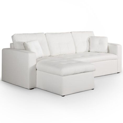 Cotecosy – Canapé d'angle convertible 3 places – Dimensions L221 x P146 x H85cm – Simili blanc – Méridienne avec rangement