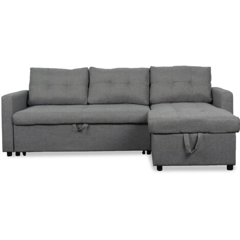Cotecosy – Canapé d'angle convertible 3 places – Dimensions L221 x P146 x H85cm – Tissu gris – Méridienne avec rangement