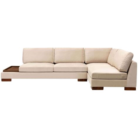 Cotecosy – Canapé d'angle velours 313cm avec pouf angle droit – Structure en bois de hêtre – Rembourrage mousse et plume – Beige clair