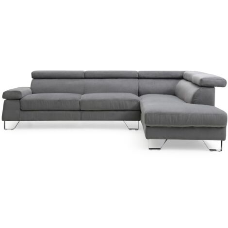 Cotecosy – Canapé d'angle velours gris foncé – 5 têtières relevables – Structure en bois massif – Dimensions L260 x P180 x H72 cm