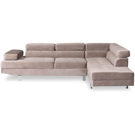 Cotecosy – Canapé d'angle velours taupe avec têtières relevables – 3 places – Méridienne gauche – Dimensions L260 x P163 x H72 cm