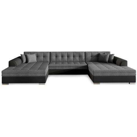 Cotecosy – Canapé d'angle panoramique convertible 355 cm – Tissu gris et simili cuir noir – Grand confort – Transformable en lit spacieux