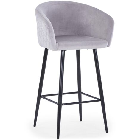 Cotecosy – Chaise de bar en velours argent – Dossier arrondi avec coutures en losange – Pieds en métal noir – Dimensions L62 x P53 x H106 cm
