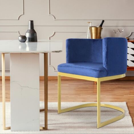 Cotecosy – Chaise Noellie velours bleu – Pieds en métal doré – Dossier bas – Dimensions L55 x P58 x H75 cm – Design compact et confortable