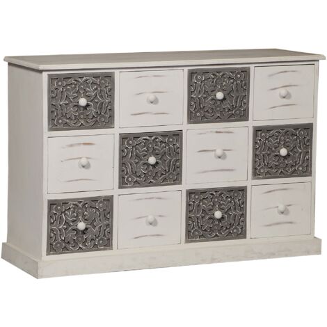 Cotecosy – Commode 12 tiroirs bois gris et blanc – Dimensions L120 x P40 x H80 cm – Style contemporain avec sculptures décoratives