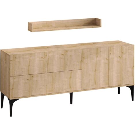 Cotecosy – Buffet aggloméré noir et chêne avec étagère murale 180x40x80cm – Panneaux mélaminés – Fixation murale recommandée