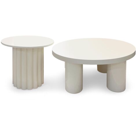Cotecosy – Ensemble de 2 tables basses rondes – Piètement colonne striée – Dimensions 50/80 cm – Bois M.D.F crème pour salon élégant