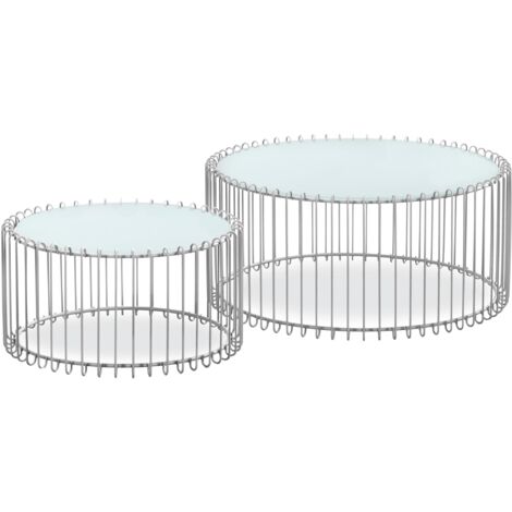 Cotecosy – Ensemble de 2 tables basses rondes – Verre blanc et métal gris – Dimensions : 85x85x38 cm et 60x60x30 cm – Style contemporain