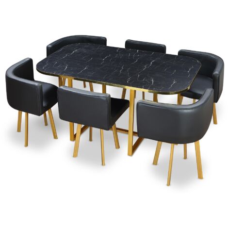 Cotecosy – Ensemble table et 6 chaises Oslo XL – MDF effet marbre noir – Simili noir – Dimensions L150 x P90 x H75 cm – Style contemporain