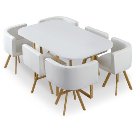 Cotecosy – Ensemble table et 6 chaises Oslo XL – Table L150 x P90 x H75 cm en MDF blanc – Chaises simili blanc matelassées – Design contemporain