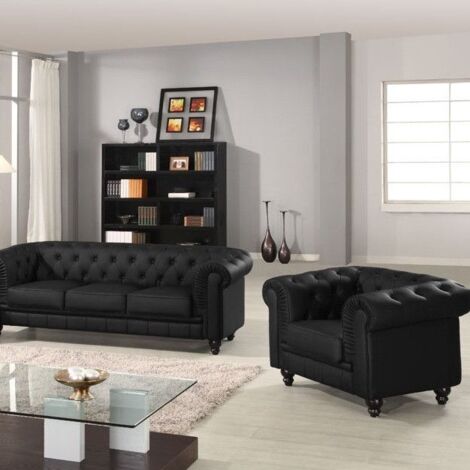 Cotecosy – Fauteuil club Chesterfield noir simili – Capitonnage élégant – Largeur 111 cm – Confort intemporel pour salon
