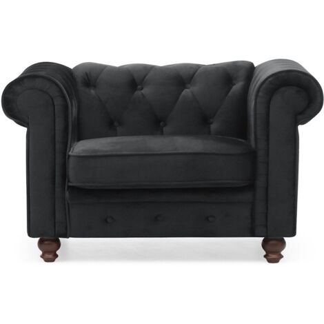 Cotecosy – Fauteuil club Chesterfield velours noir – Dimensions L111 x P82 x H72 cm – Revêtement doux et résistant – Assise profonde et moelleuse