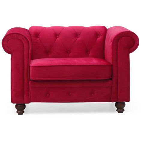 Cotecosy – Fauteuil club Chesterfield velours rouge – Capitonnage confortable – Dimensions L111 x P82 x H72 cm – Revêtement doux et résistant