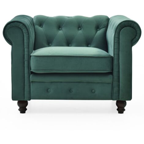 Cotecosy – Fauteuil club Chesterfield velours vert – Capitonnage confortable – Largeur 111 cm – Assise profonde et moelleuse