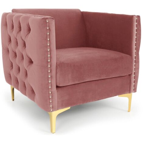 Cotecosy – Fauteuil club Joshua en velours rose – Assise moelleuse – Accoudoirs capitonnés – Pieds en métal doré – Dimensions L83 x P70 x H74 cm