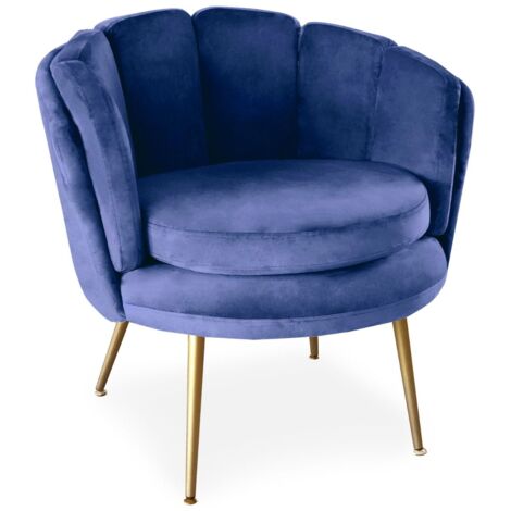 Cotecosy – Fauteuil crapaud arrondi en velours bleu – Confort optimal avec dossier ergonomique – Pieds en métal doré – Dimensions L84 x P72 x H80 cm