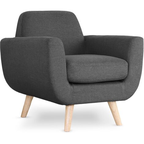 Cotecosy – Fauteuil relax scandinave en tissu gris foncé – Dimensions L80 x P80 x H81 cm – Structure en bois robuste – Assise moelleuse H42 cm