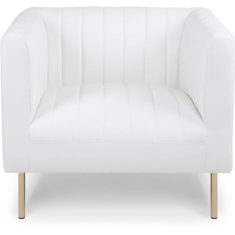 Cotecosy – Fauteuil relax simili blanc avec coutures verticales – Dimensions L84 x P76 x H72 cm – Pieds en métal doré pour un style moderne
