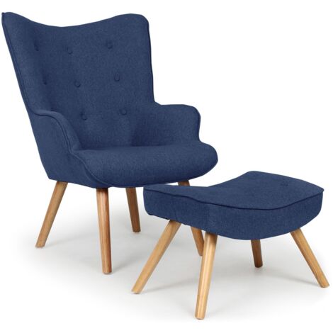 Cotecosy – Fauteuil scandinave avec pouf Lylou – Tissu bleu – Assise moelleuse H42cm – Dossier haut pour confort – Dimensions fauteuil L70 x P77 x H98cm
