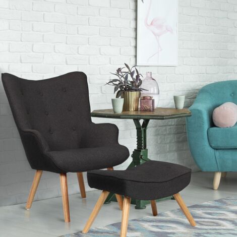 Cotecosy – Fauteuil scandinave avec pouf Lylou – Tissu noir – Assise moelleuse H37cm – Pieds en bois clair – Dimensions fauteuil L70 x P77 x H98cm