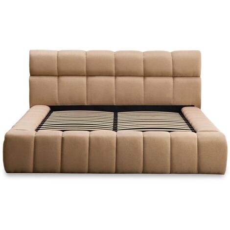 Cotecosy – Lit-coffre 140x190 cm avec sommier relevable – Tête de lit matelassée – Tissu beige – Cadre métallique avec vérin à gaz