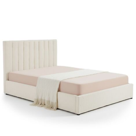 Cotecosy – Lit coffre 140x190cm avec sommier relevable – Tissu bouclette beige – Tête de lit rembourrée – Rangement sous le sommier