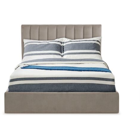 Cotecosy – Lit coffre 160cm – Sommier relevable en velours taupe – Tête de lit rembourrée – Rangement sous le sommier