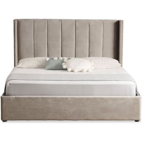 Cotecosy – Lit double coffre 160x200cm – Sommier relevable avec vérins à gaz – Velours taupe – Tête de lit capitonnée élégante