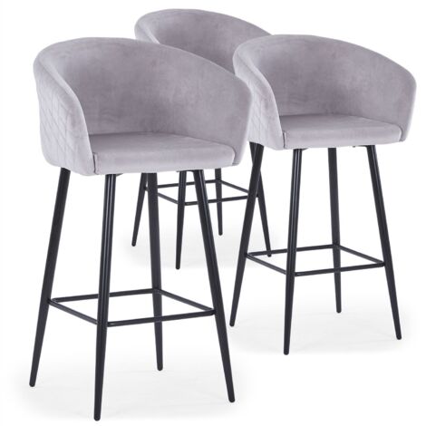Cotecosy – Lot de 3 chaises de bar en velours argent – Pieds en métal noir – Dimensions L62 x P53 x H106 cm – Confort matelassé avec coutures en losange