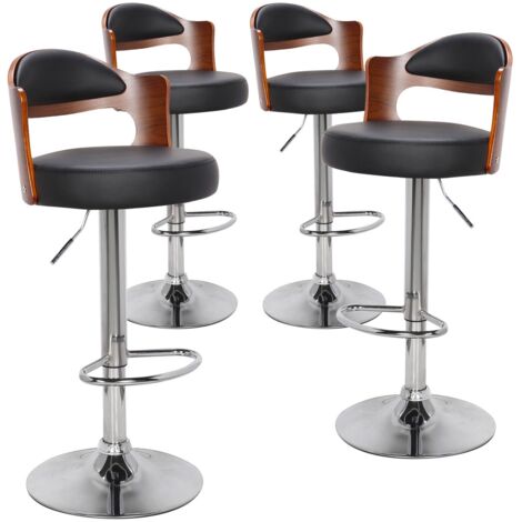 Cotecosy – Lot de 4 chaises de bar pivotantes – Simili cuir noir et bois noisette – Hauteur réglable 90-110 cm – Confort matelassé pour repas