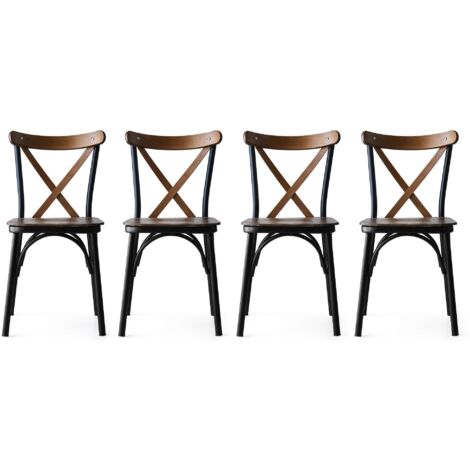 Cotecosy – Lot de 4 chaises de cuisine en métal noir et bois massif foncé – Dossier haut incurvé – Hauteur d'assise 46 cm – Confort optimal