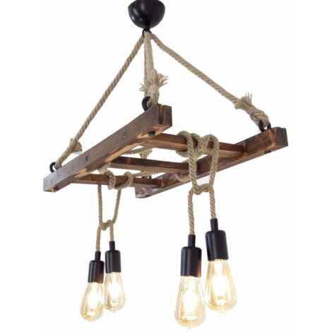 Cotecosy – Suspension en pin et corde – Finition noyer – Hauteur 60 cm, Longueur 80 cm, Profondeur 34 cm – Ampoule E27 max 40W