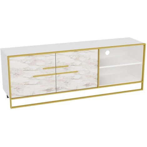Cotecosy – Meuble TV en bois blanc effet marbre – Métal doré – Largeur 160 cm – Hauteur 56,6 cm – Espace de rangement pour appareils multimédias