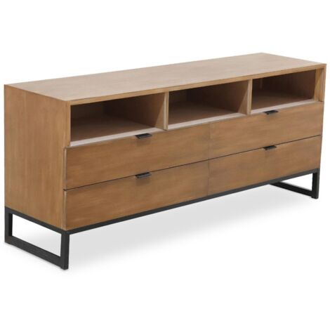 Cotecosy – Meuble TV en bois d'acacia chêne clair – Dimensions L150 x P40 x H65 cm – 3 niches et 4 tiroirs – Style naturel chic avec pieds en métal noir
