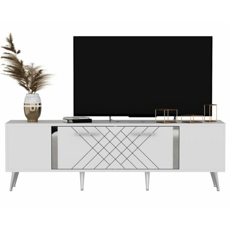 Cotecosy – Meuble TV moderne blanc argenté – Panneau de particules 100% mélaminé – Largeur 150 cm, hauteur 48.2 cm, profondeur 35 cm