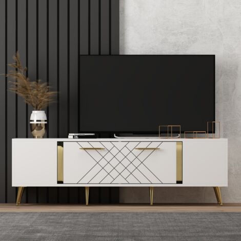 Cotecosy – Meuble TV moderne en mélaminé blanc et or 150 cm – Résistant aux rayures et aux taches – Rangement pratique avec étagères – Hauteur 48.2 cm