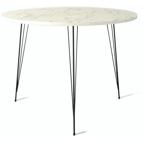 Cotecosy – Table à manger ronde 90cm – Bois effet marbre blanc – Pieds en épingle acier noir – Hauteur 75cm – Pour cuisine et salle à manger