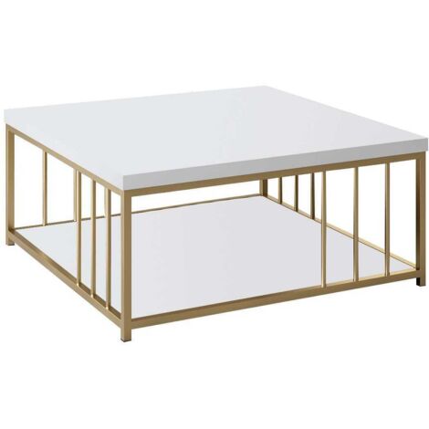 Cotecosy – Table basse carrée 90cm en bois blanc et métal doré – Design contemporain – Plateau mélaminé facile à entretenir – Pour salon moderne