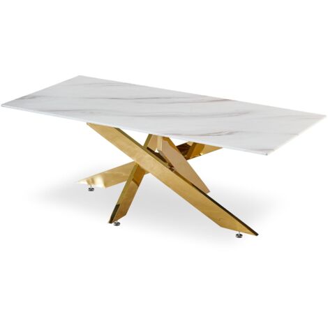 Cotecosy – Table basse fixe en verre effet marbre blanc – Pieds en métal doré – Dimensions L120 x P60 x H42 cm – Épaisseur 12mm