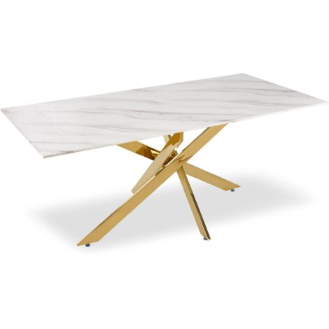 Cotecosy – Table de salle à manger en verre effet marbre blanc – Pieds en métal doré – Dimensions L180 x P90 x H75 cm – Épaisseur 12mm