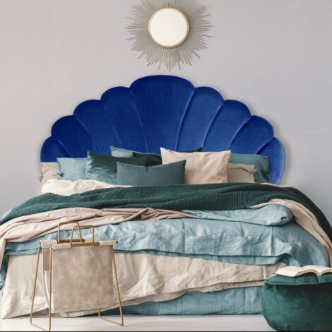 Cotecosy – Tête de lit Mermaid 160 cm – Velours bleu matelassé – Design coquillage élégant – Dimensions L160 x P10 x H120 cm