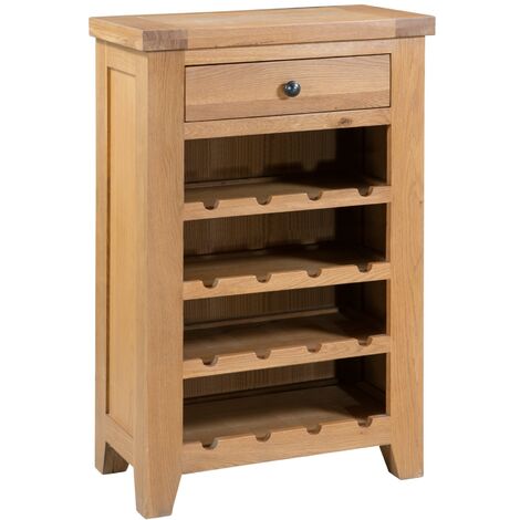 Cotswold Oak 1 Drawer Wine Cabinet in Lacquered Finish Holds 16 Bottles | Wooden Wine Rack Table Storage