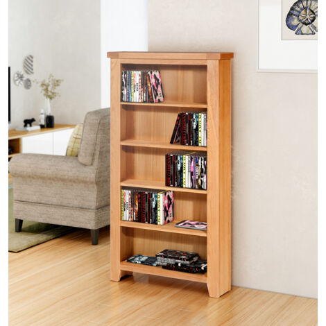 main image of "Cotswold Oak DVD CD Storage Rack in Lacquered Oak Finish | Wooden Shelving Tower 5 Tiers"