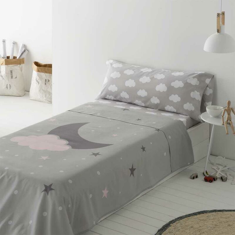 

Juego de sabanas Infantil/Juvenil Luna Y Nube 100% ALGODÓN - Disponible en varios tamaños - Cama de 105 x 190/200 - Gris - Cotton Artean