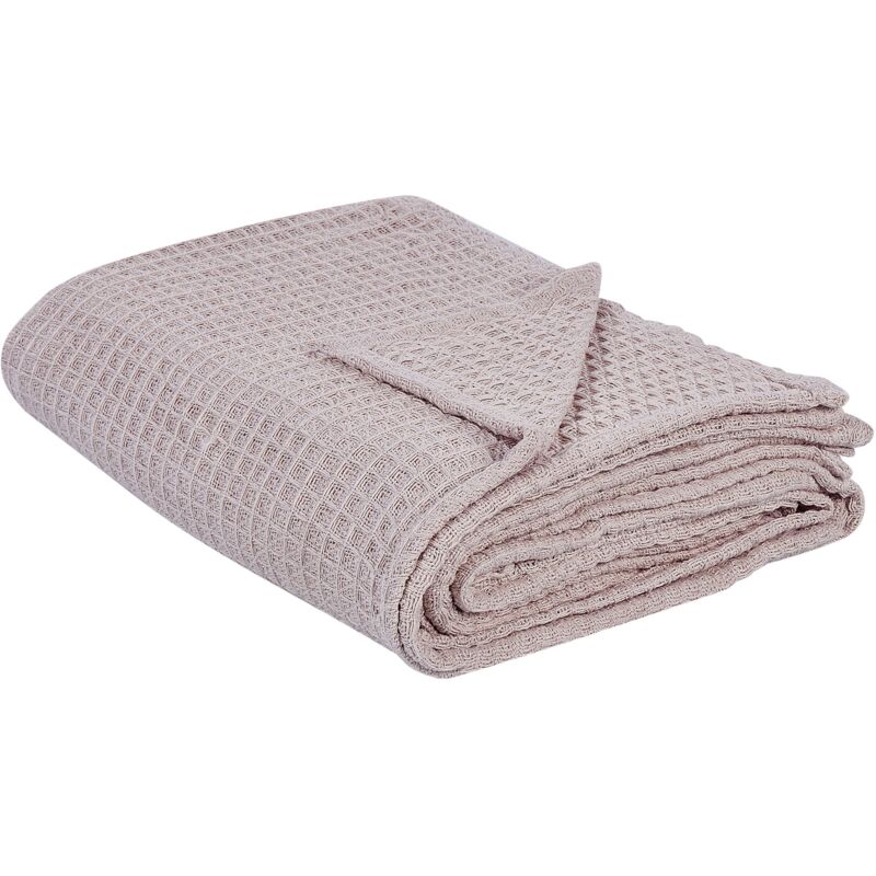 Beliani - Cotton Bedspread Waffle Pattern Bed Throw Living Room Bedroom Texiles 200 X 220 Cm Pastel Pink Chagyl