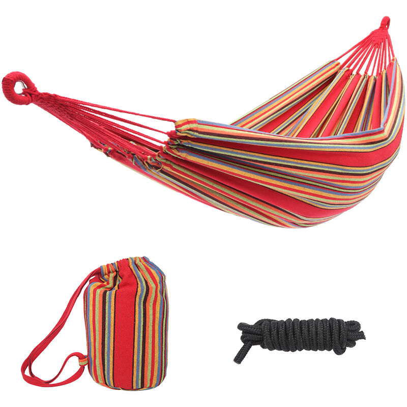 Hammock for Outdoor, 200 x 150 cm Portable Stripe Cotton Hammock with Carrying Bag for Patio Yard Garden, Load Capacity up to 150 kg (Red)
